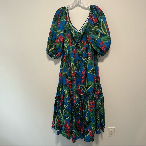 Farm Rio Dream Garden Tropical Puff Sleeve Beaded Tiered Midi Dress Small - Picture 2 of 13